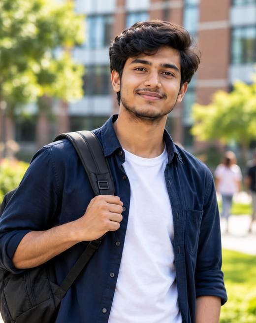 Smiling student with a backpack on a university campus